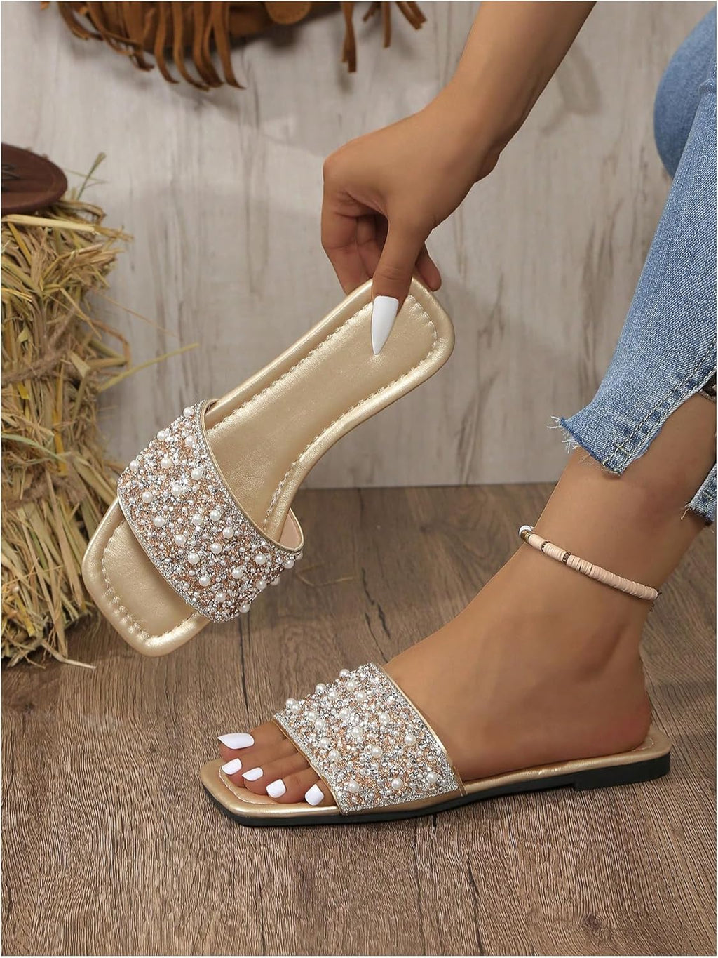Women'S Rhinestone Flat Sandals Squared Slip on Open Toe Slide Sandals Slippers