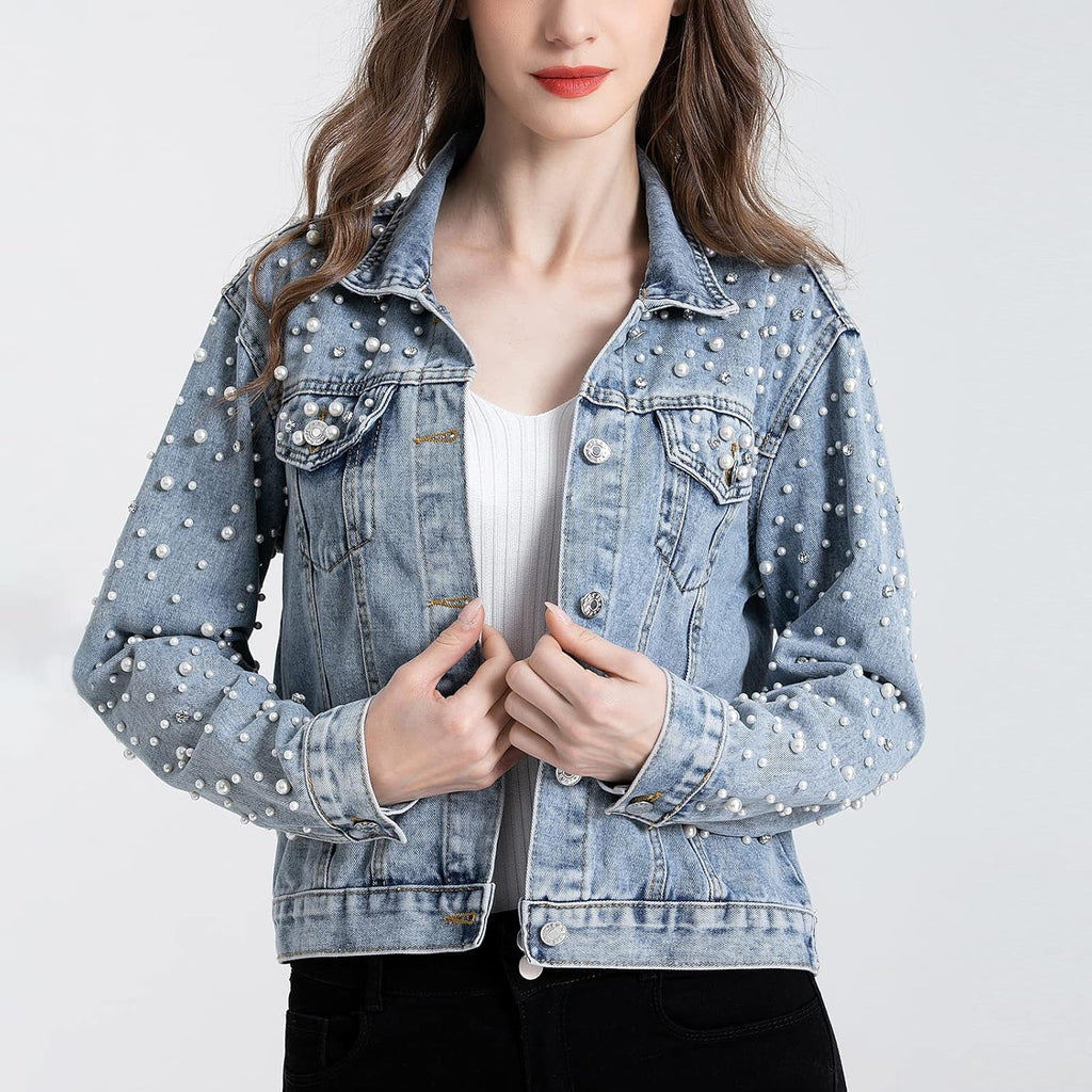 Women'S Pearls Denim Jacket Cropped Rhinestones Jean Jacket Coat