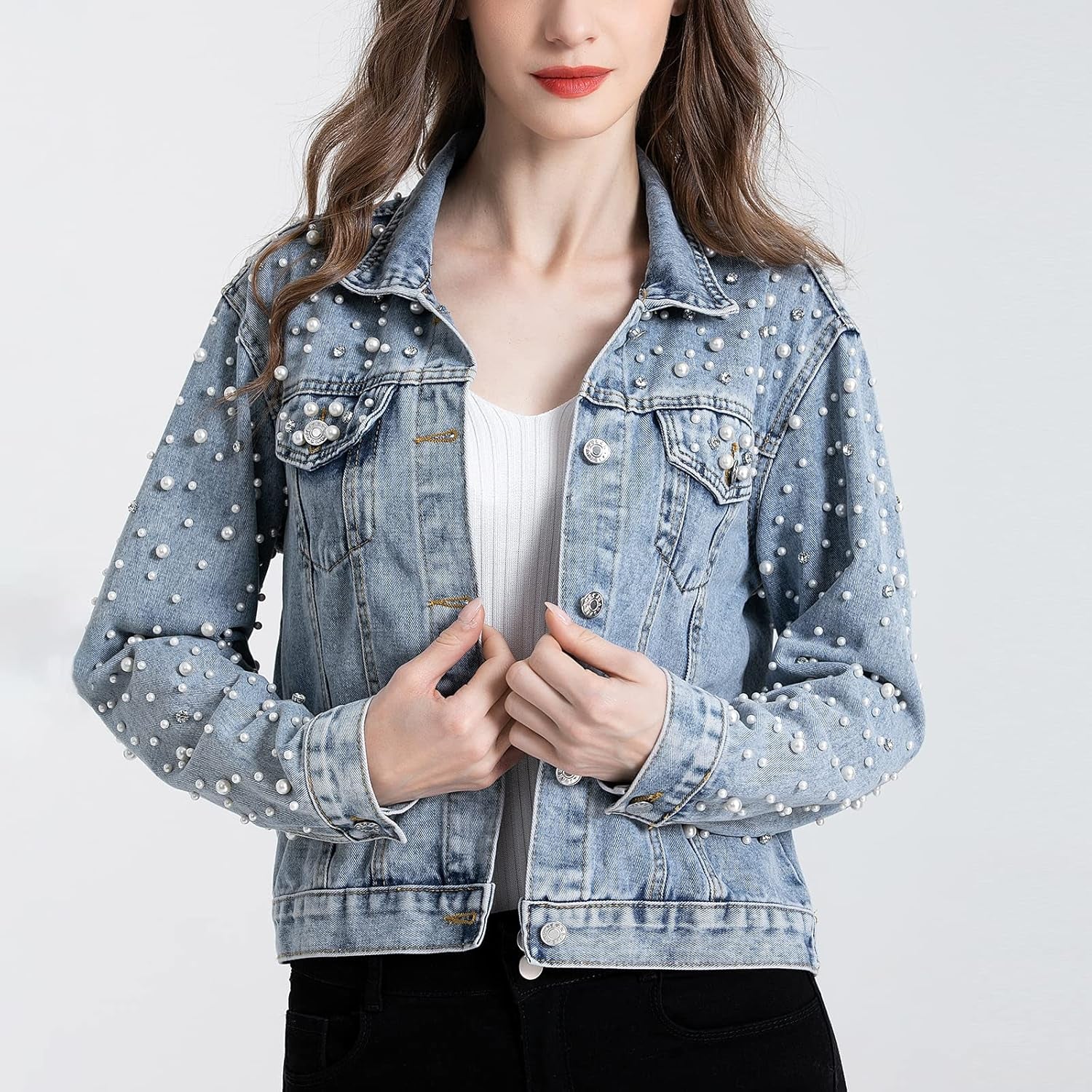 Women'S Pearls Denim Jacket Cropped Rhinestones Jean Jacket Coat