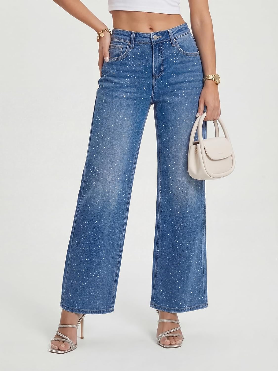 Straight Leg Jeans Rhinestone High Waisted Pearl Boyfried Denim Pants Y2K Sparkly Bling Glitter Bedazzled Jeans