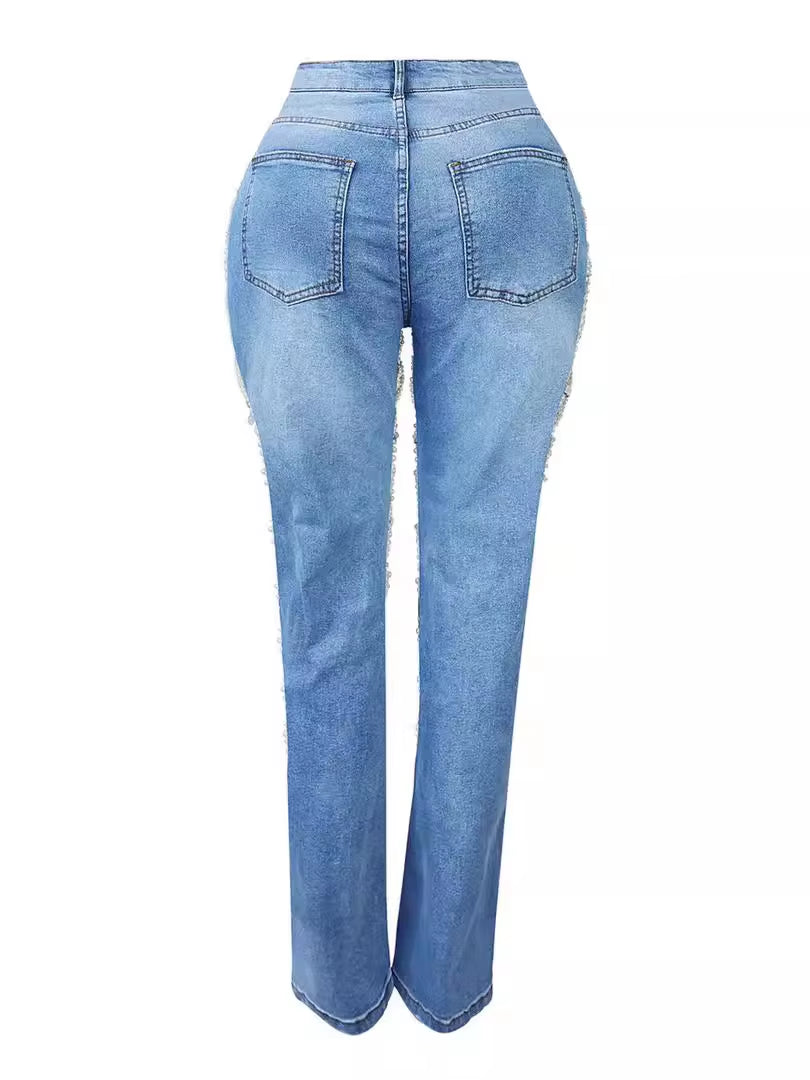 Autumn New Arrivals High Waist Hollow Out Casual Streetwear Slim Straight Leg Women Jeans Denim Pants