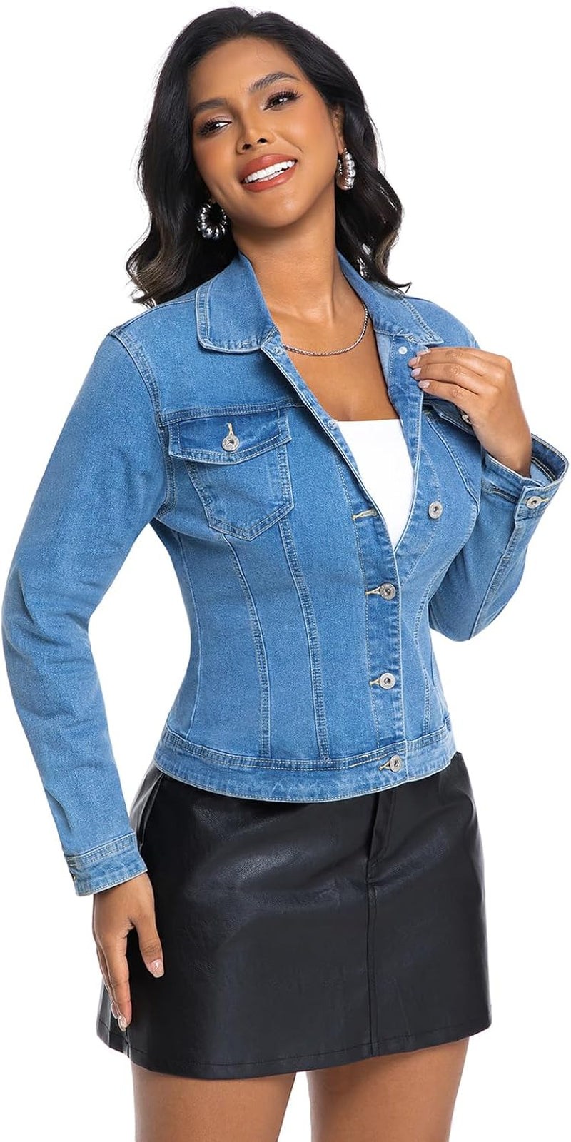 Women Cropped Denim Jacket Lapel Button down Long Sleeve Slim Fitted Stretchy Short Jean Jacket with Pockets