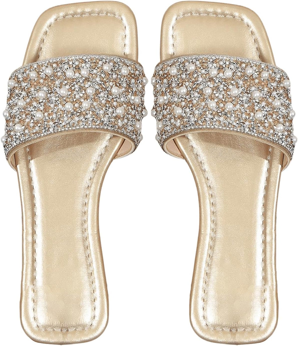 Women'S Rhinestone Flat Sandals Squared Slip on Open Toe Slide Sandals Slippers