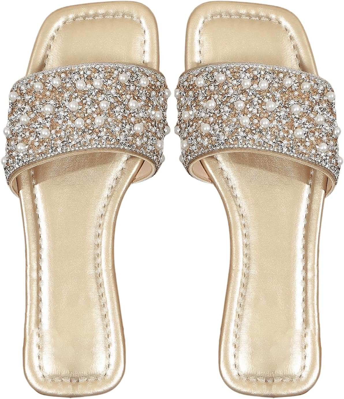 Women'S Rhinestone Flat Sandals Squared Slip on Open Toe Slide Sandals Slippers