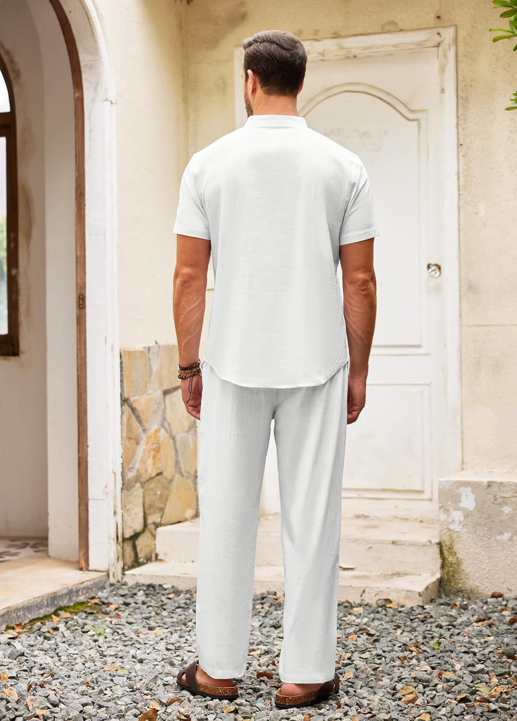 Men'S 2 Pieces Cotton Linen Set Casual Short Sleeve Henley Shirts Beach Yoga Pants Summer Outfits