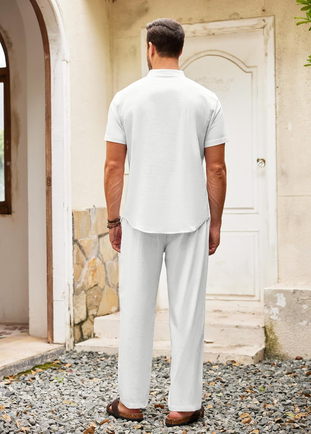Men'S 2 Pieces Cotton Linen Set Casual Short Sleeve Henley Shirts Beach Yoga Pants Summer Outfits